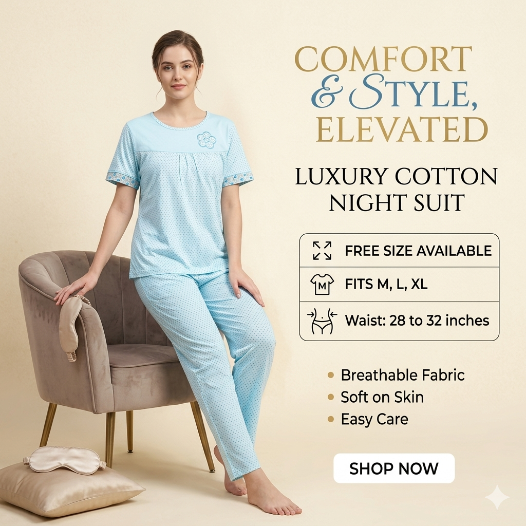 Women's Light Blue Polka Dot Cotton-Blend Nightsuit Set – Short Sleeve Top & Pajama Pants