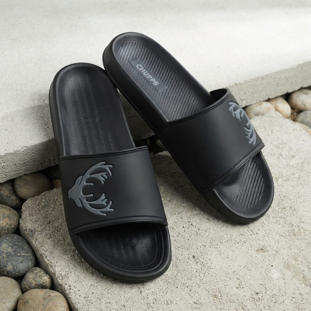 Premium Black Comfort Slide Slippers for Men & Women – Stylish Embossed Design Casual Slip-On Sandals