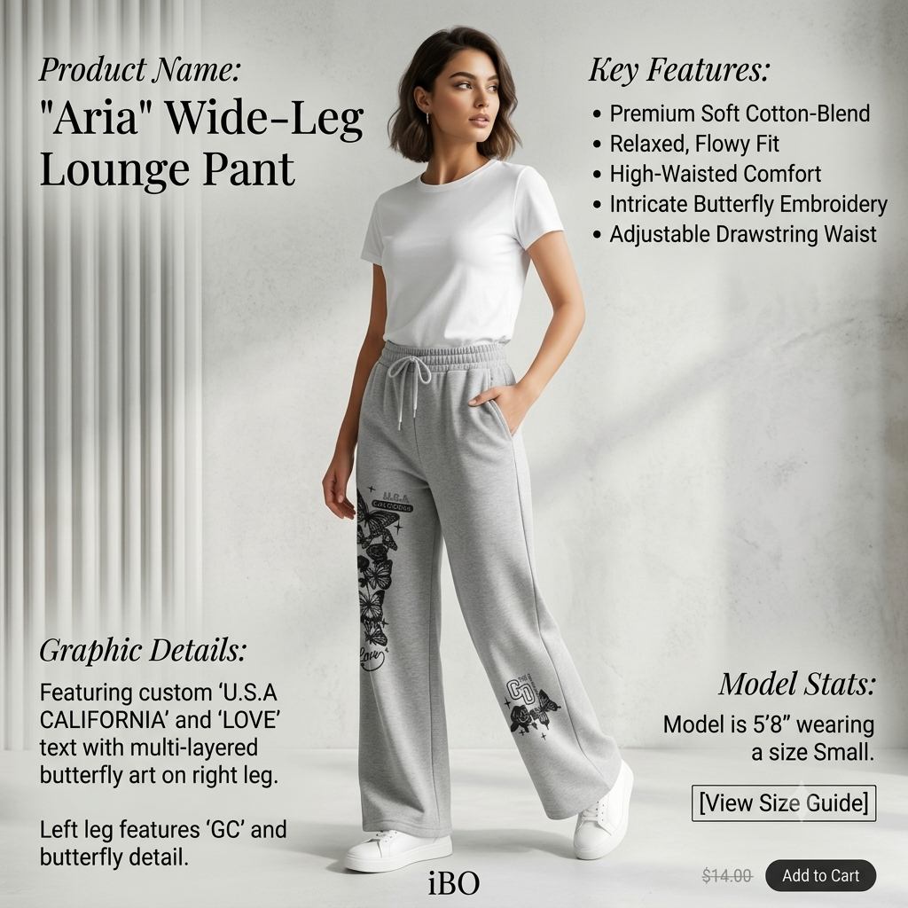 Women’s Wide Leg Butterfly Printed Grey Joggers | High-Waisted Fleece Lounge Pants