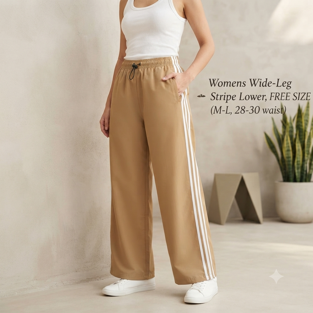 Women's Relaxed-Fit Wide-Leg Lower with Contrast Side Stripes (Beige)