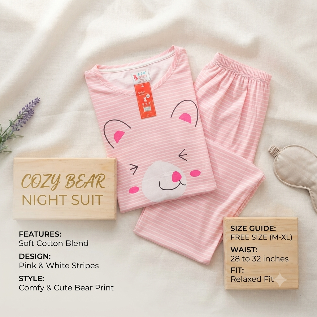 Women’s Soft Cotton Blend Cute Bear Striped Nightsuit Set – T-Shirt & Pyjama Lounge Wear