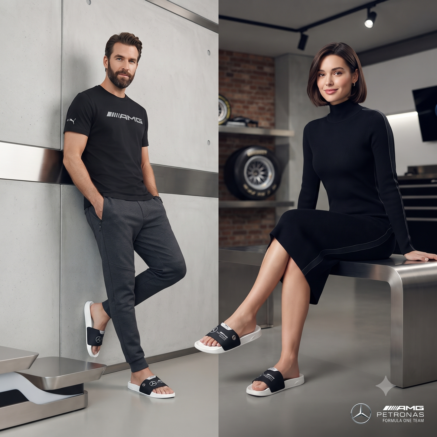 Mercedes-AMG Petronas F1 Casual Comfort Slippers / Slides (White/Black)