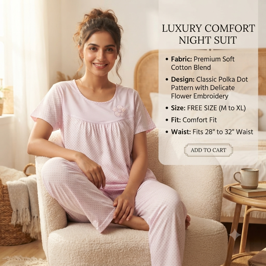 Soft Floral Accent Polka Print Loungewear Set for Women – Breathable Cotton Nightsuit
