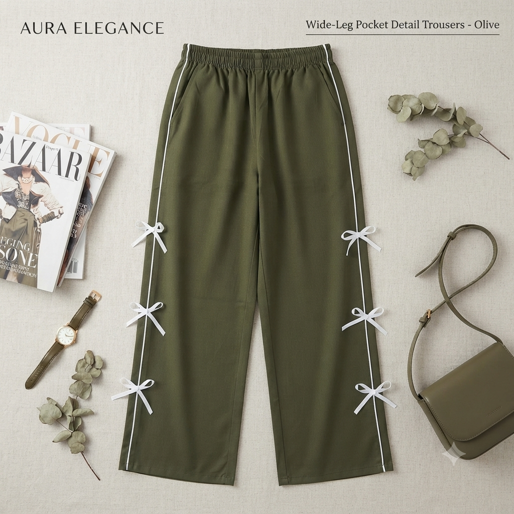 Women's Olive Green Wide-Leg Trousers with White Side Bow Accents