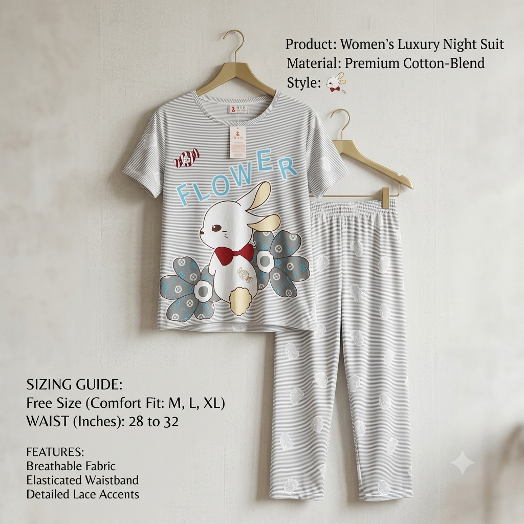 Women's Cute Bunny Print Cotton-Blend Nightwear Set – Round Neck T-Shirt & Pyjama Lounge Set