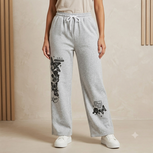 Women’s Wide Leg Butterfly Printed Grey Joggers | High-Waisted Fleece Lounge Pants