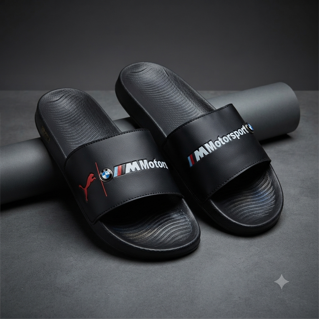 Men’s Premium Motorsport Style Black Slide Slippers – Cushioned Comfort & Anti-Slip Sole