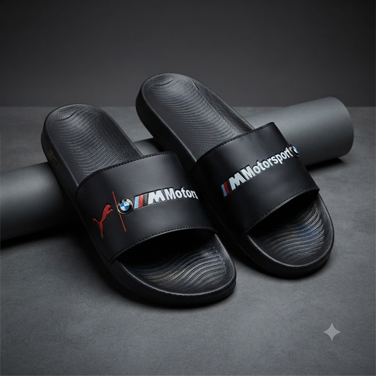 Men’s Premium Motorsport Style Black Slide Slippers – Cushioned Comfort & Anti-Slip Sole