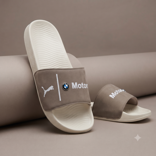 Premium Motorsport Inspired Men and women Casual Sliders – Brown Strap with Cushioned Comfort Sole
