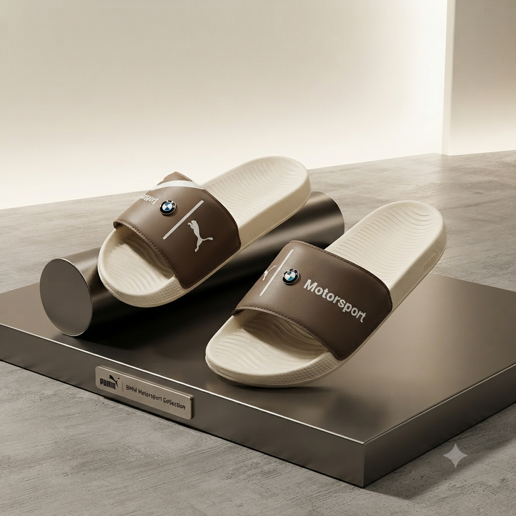 Premium Motorsport Inspired Men and women Casual Sliders – Brown Strap with Cushioned Comfort Sole