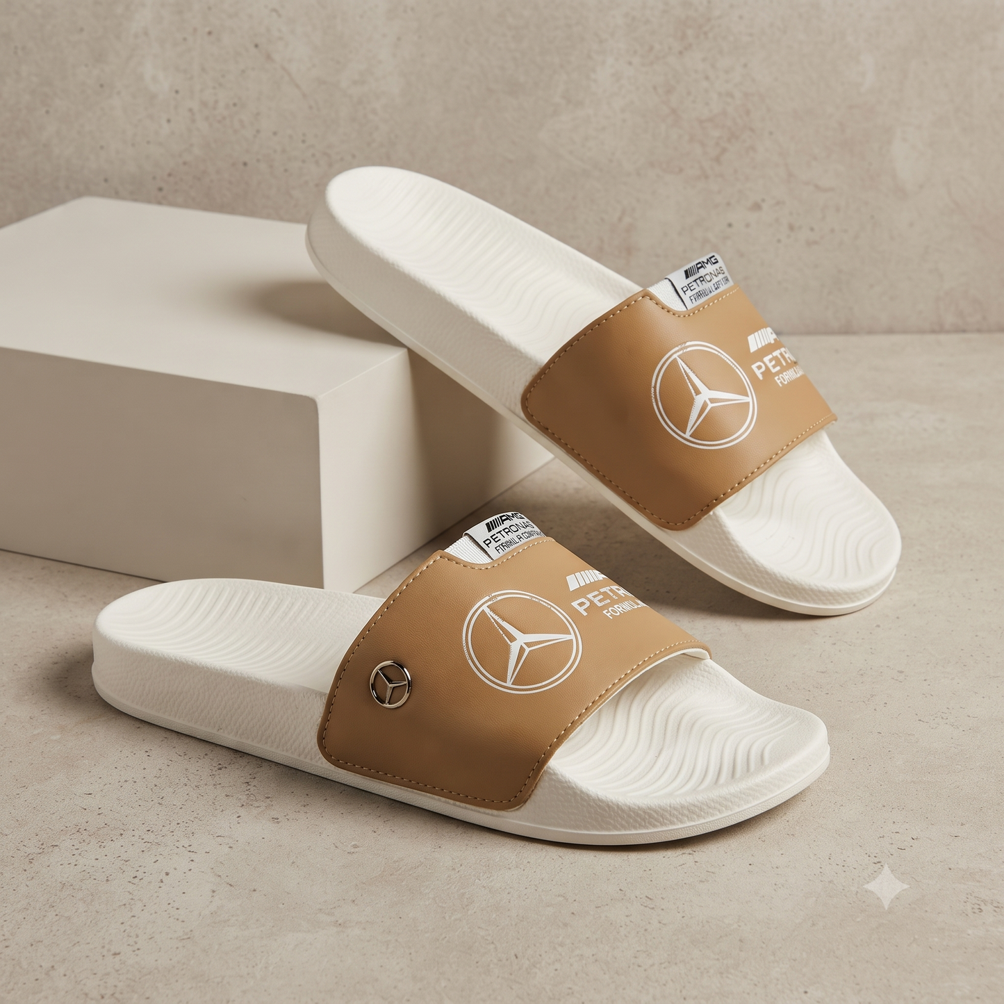 Premium White & Tan Motorsport Slide Sandals with AMG Petronas Branding