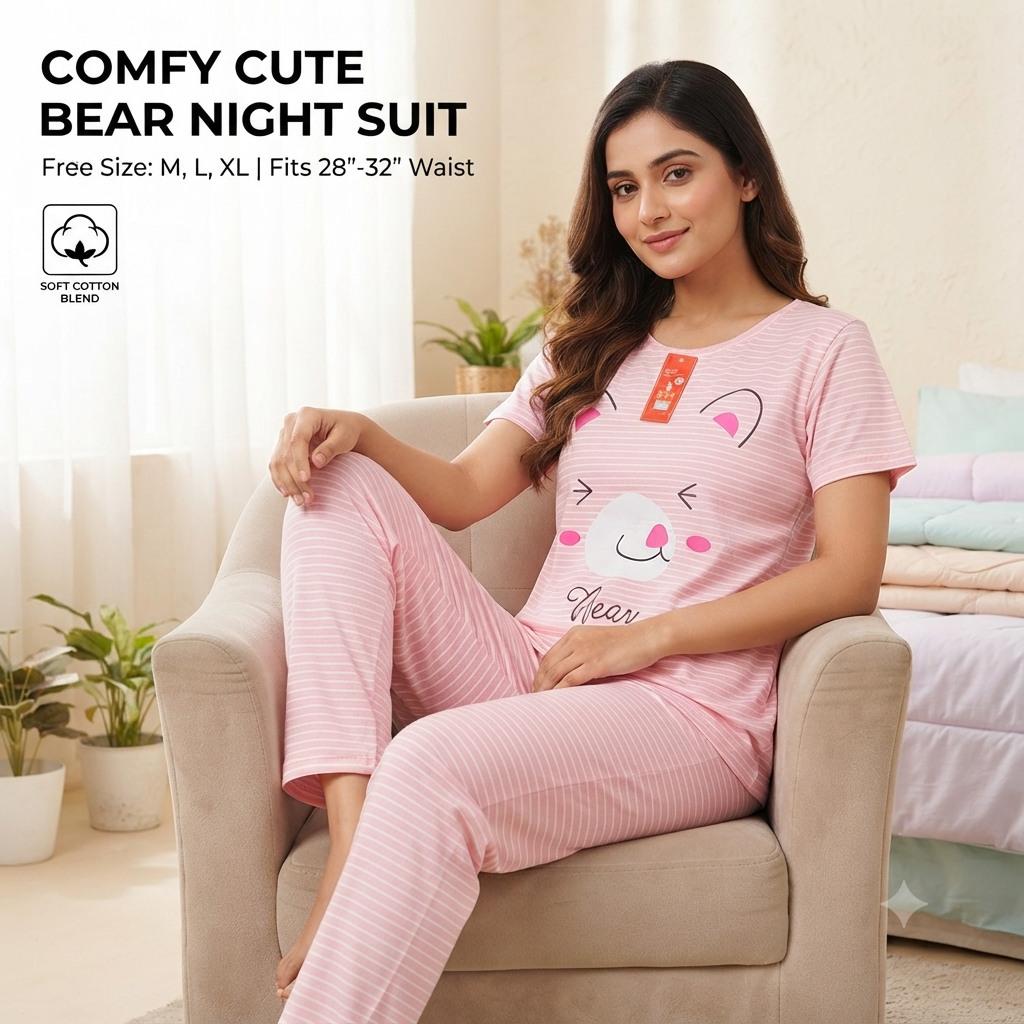 Women’s Soft Cotton Blend Cute Bear Striped Nightsuit Set – T-Shirt & Pyjama Lounge Wear