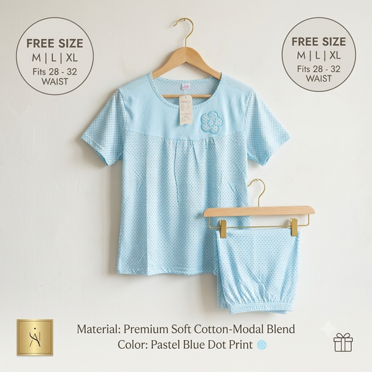 Women's Light Blue Polka Dot Cotton-Blend Nightsuit Set – Short Sleeve Top & Pajama Pants