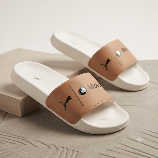 Premium White & Tan Motorsport-Inspired Casual Slides for Men | Stylish Everyday Slip-On Sandals