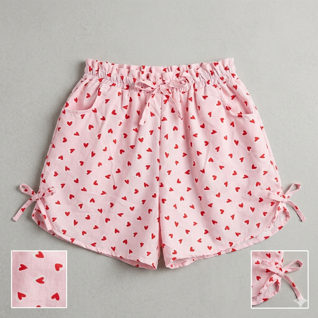 Blush Heart-Print Lounge Shorts with Side-Tie Detailing