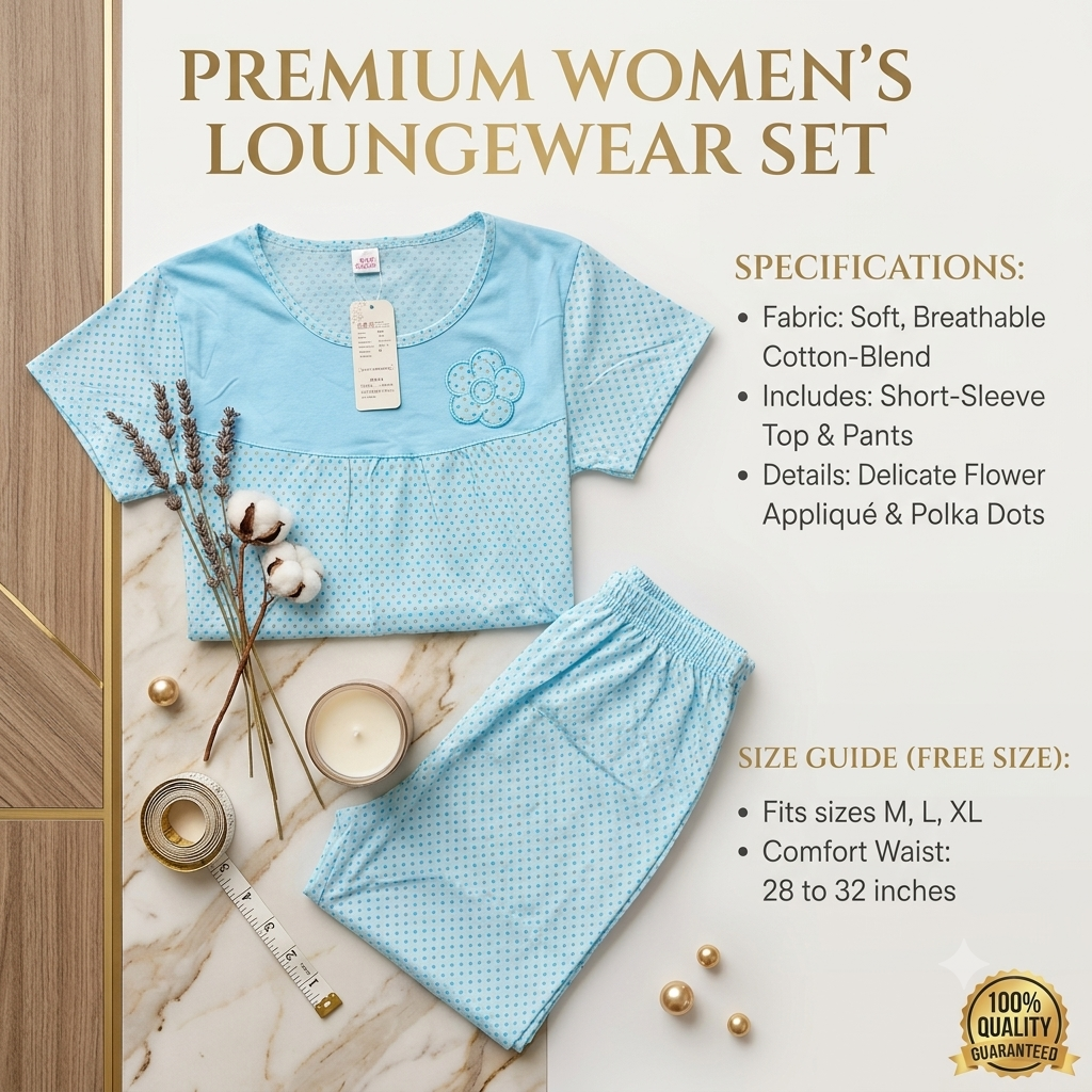 Women's Light Blue Polka Dot Cotton-Blend Nightsuit Set – Short Sleeve Top & Pajama Pants