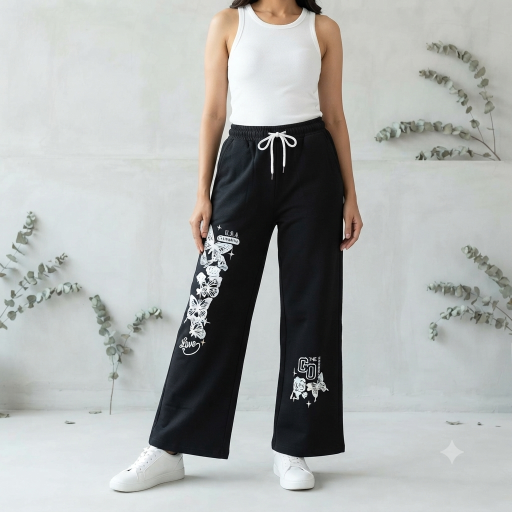 Women’s Black Loose Fit Graphic Printed Sweatpants | Stylish Elastic Waist Trousers
