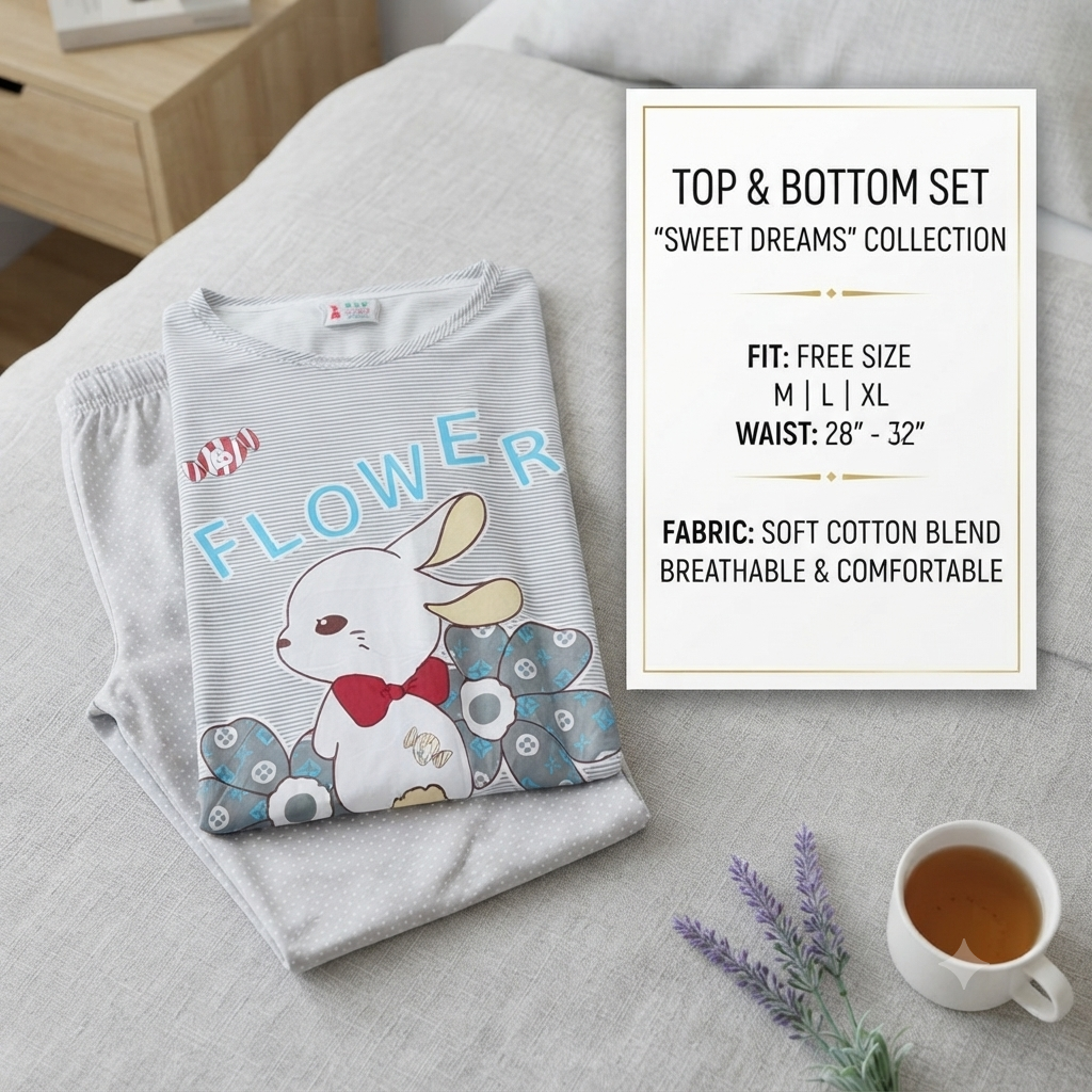 Women's Cute Bunny Print Cotton-Blend Nightwear Set – Round Neck T-Shirt & Pyjama Lounge Set