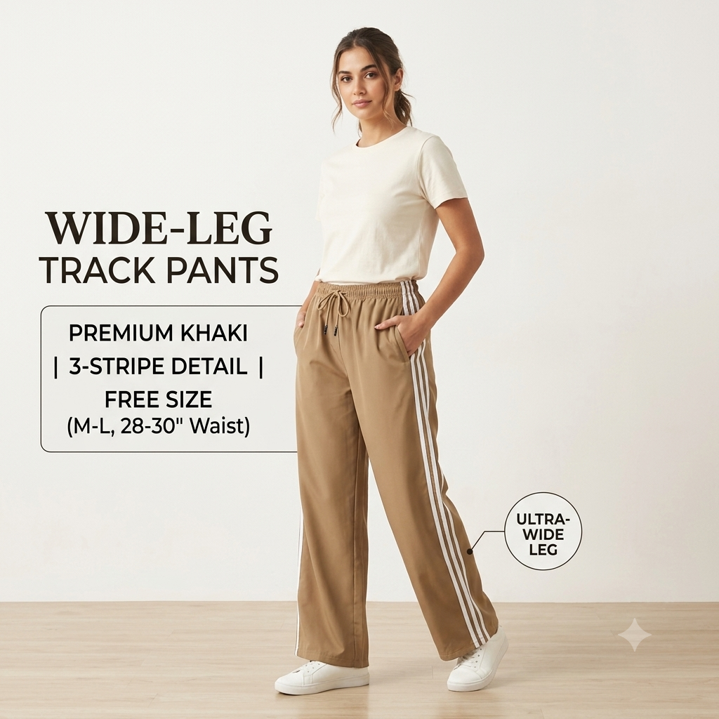 Women's Relaxed-Fit Wide-Leg Lower with Contrast Side Stripes (Beige)