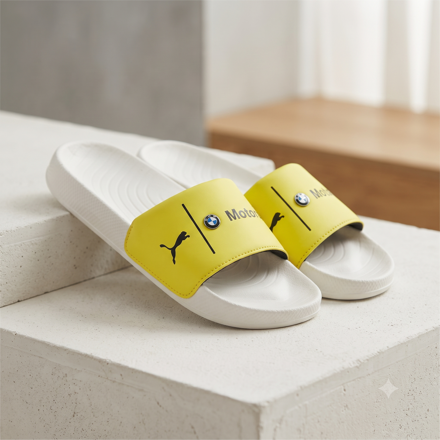 Premium Yellow Motorsport-Inspired Casual Sliders for Men – Cushioned Comfort & Stylish Everyday Slip-On Sandals
