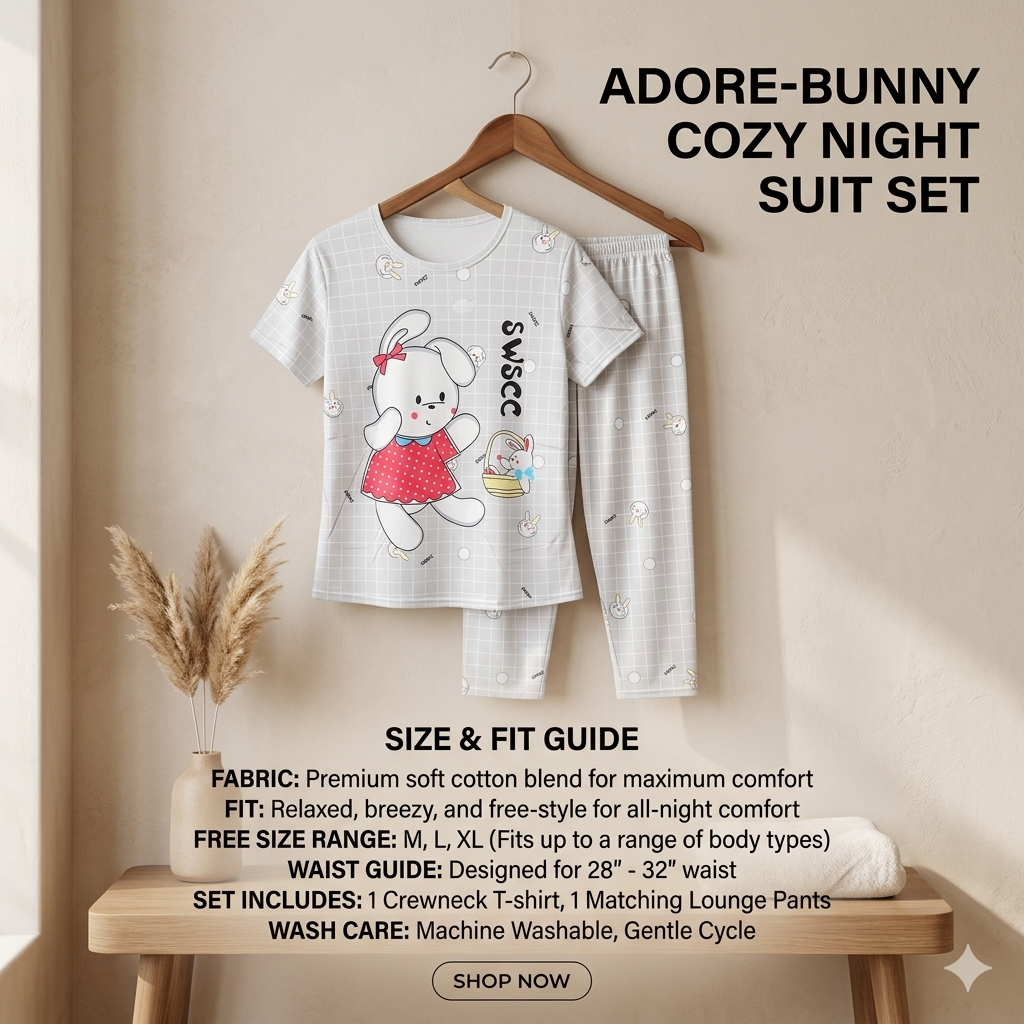 Ultra-Soft Cotton Blend Bunny Graphic Nightsuit for Women | Short Sleeve Top & Pajama Set