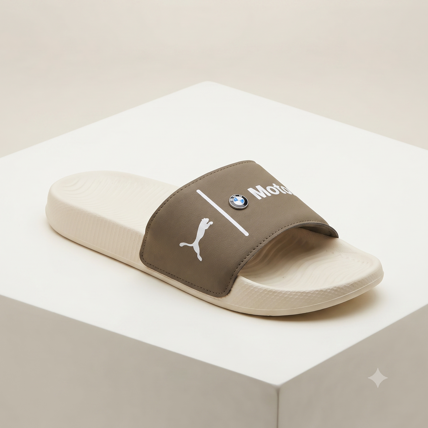 Premium Motorsport Inspired Men and women Casual Sliders – Brown Strap with Cushioned Comfort Sole