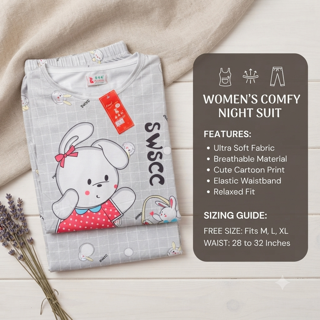 Ultra-Soft Cotton Blend Bunny Graphic Nightsuit for Women | Short Sleeve Top & Pajama Set