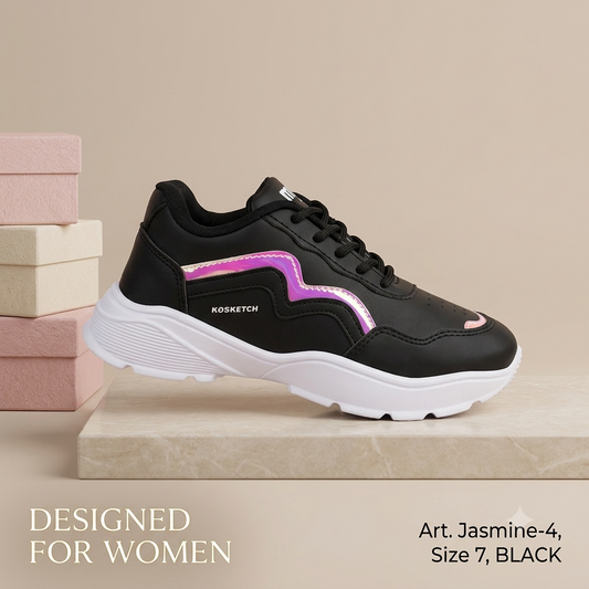 Trendy Women’s Casual Lace-Up Sneakers - Black & Holographic Accent