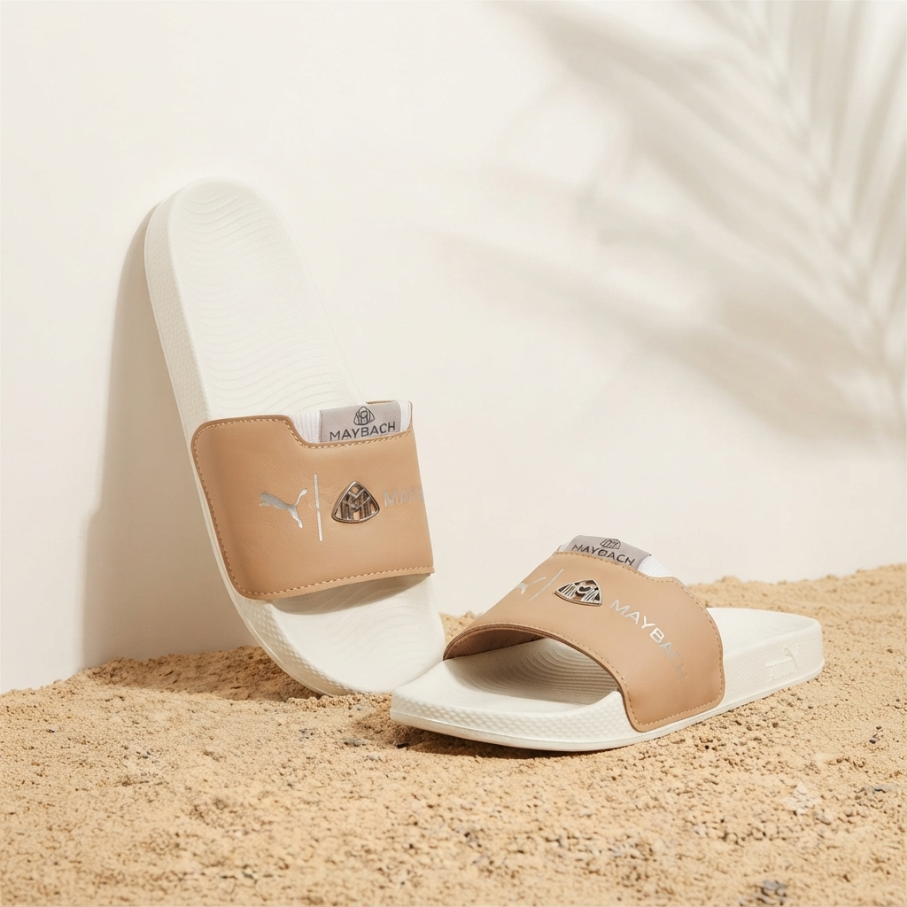 Premium Men’s Tan & White Comfort Slide Sandals – Stylish Everyday Slip-On