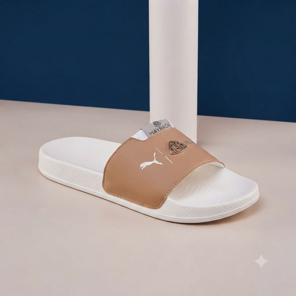 Premium Men’s Tan & White Comfort Slide Sandals – Stylish Everyday Slip-On