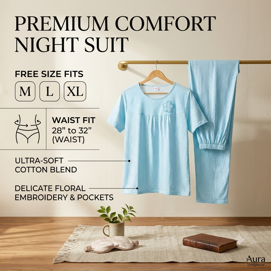 Women's Light Blue Polka Dot Cotton-Blend Nightsuit Set – Short Sleeve Top & Pajama Pants