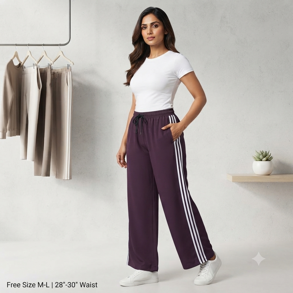 Women's Elastic Waist Wide Leg Track Pants - Deep Purple Athleisure Lower