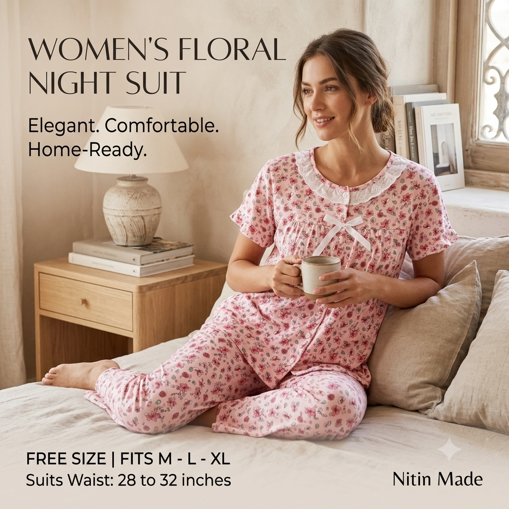 Women’s Floral Print Cotton Blend Nightsuit Set – Short Sleeve Top & Pyjama
