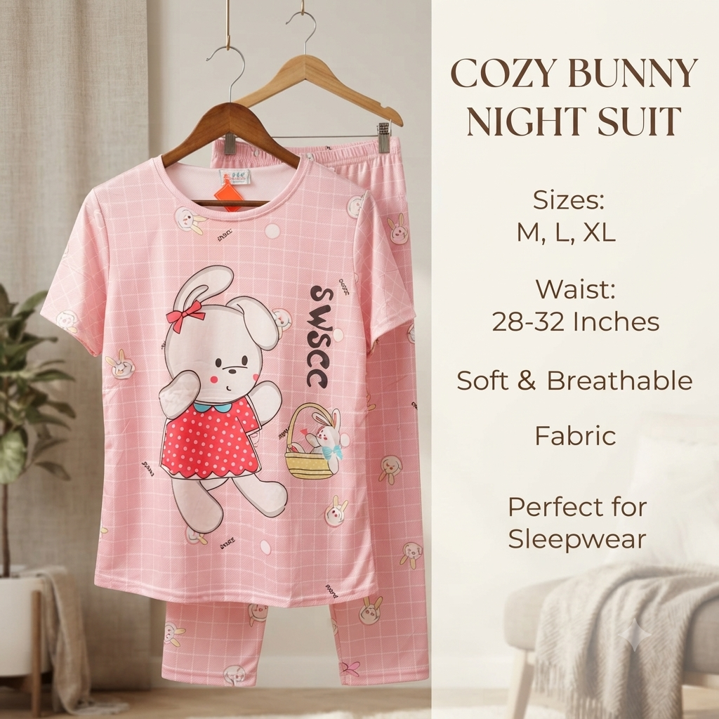 Women’s Cozy Bunny Print Cotton Nightsuit Set – Short Sleeve Top & Pajama Set