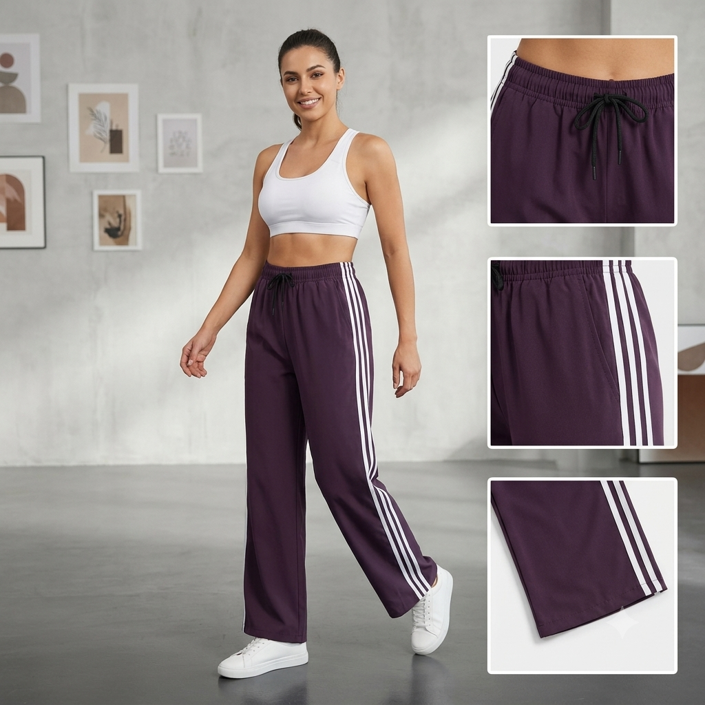 Women's Elastic Waist Wide Leg Track Pants - Deep Purple Athleisure Lower