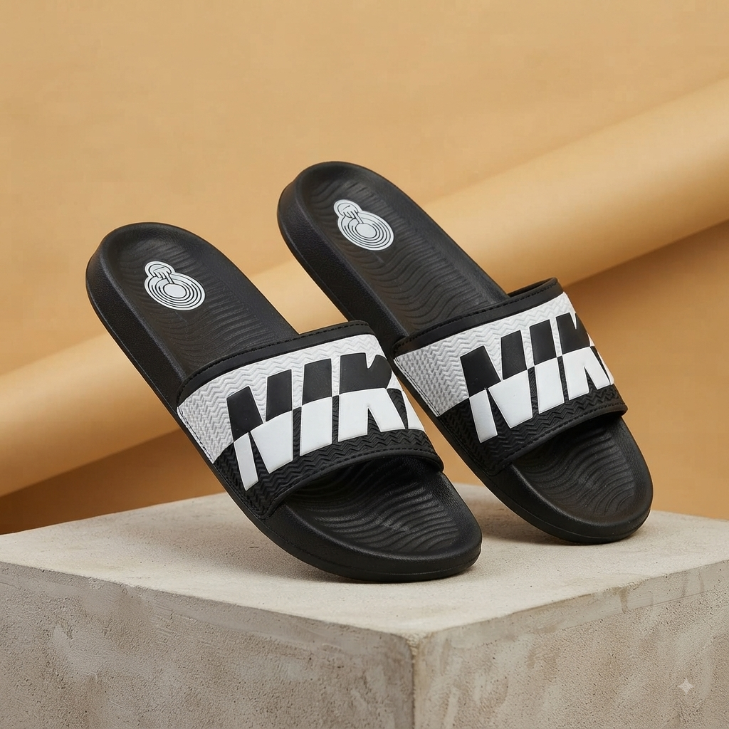 Men’s Black & White Bold Graphic Comfort Sliders – Stylish Casual Slip-On Sandals