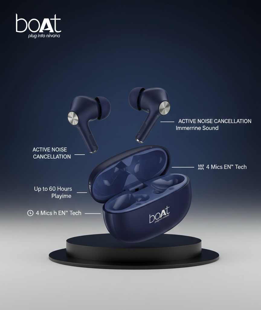 Airdopes Coolpods 70 | Active Noise Cancellation (ANC) | 60 Hours Playtime | 13mm Drivers & Quad Mics with ENx™ Technology | ASAP™ Fast Charge | Blue