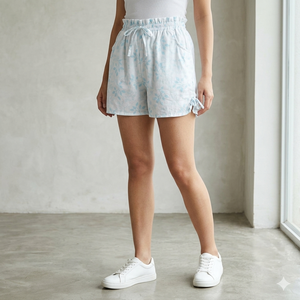 Blue Leaf Print Lounge Shorts with Side Bows