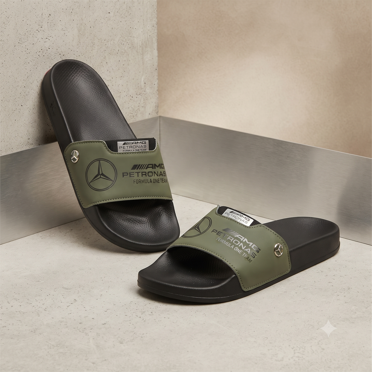 Mercedes-AMG Petronas F1 Team Motorsport Men's Comfort Slides / Slippers (Olive Green & Black)