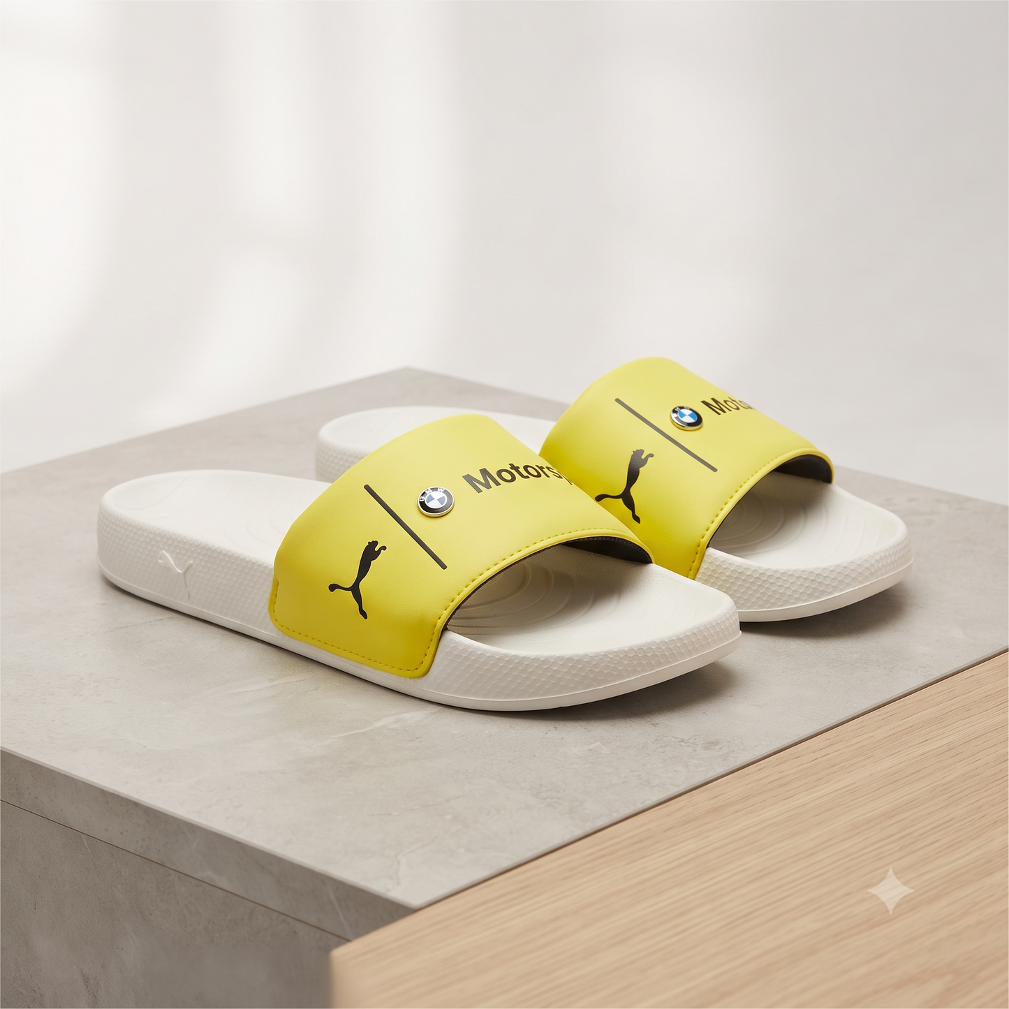 Premium Yellow Motorsport-Inspired Casual Sliders for Men – Cushioned Comfort & Stylish Everyday Slip-On Sandals