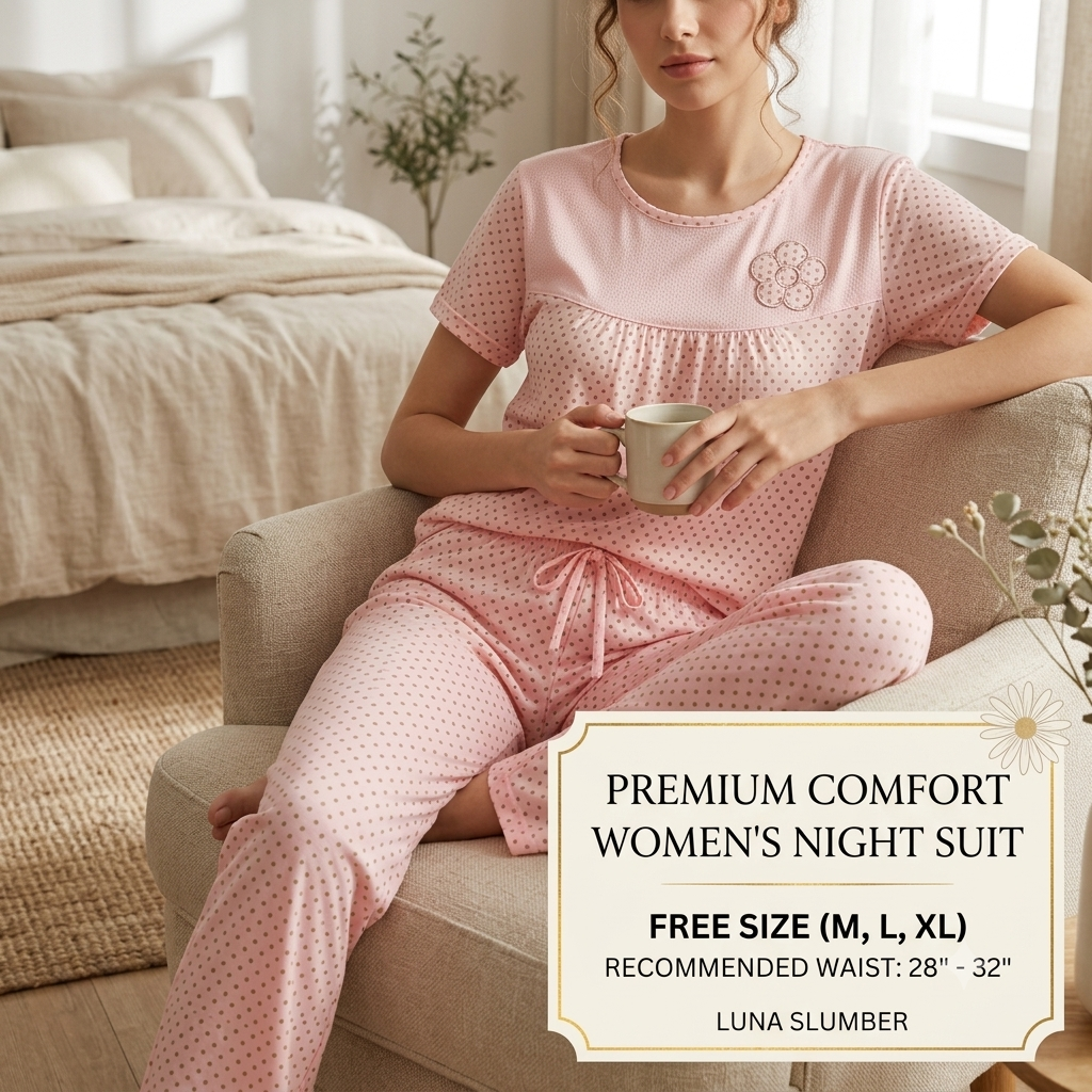 Women's Soft Cotton Polka Dot Nightsuit Set – Short Sleeve Top & Pajamas (Free Size)
