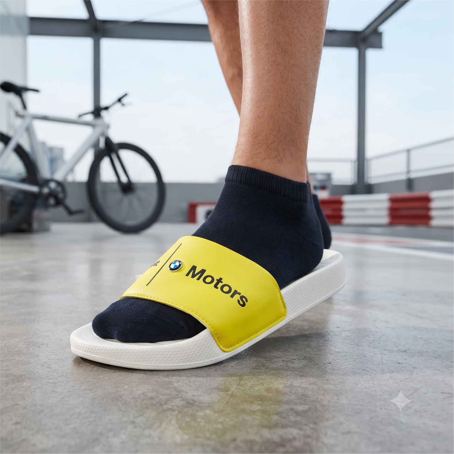 Premium Yellow Motorsport-Inspired Casual Sliders for Men – Cushioned Comfort & Stylish Everyday Slip-On Sandals