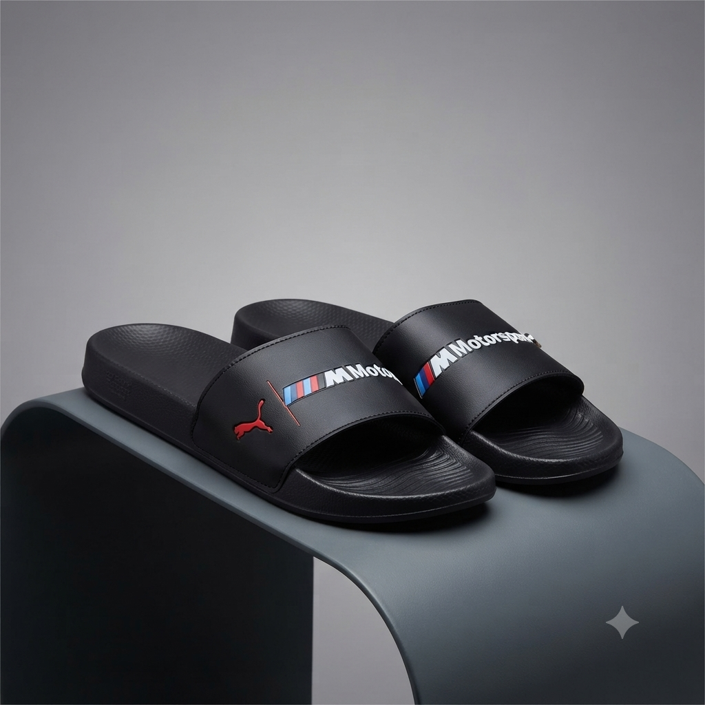 Men’s Premium Motorsport Style Black Slide Slippers – Cushioned Comfort & Anti-Slip Sole