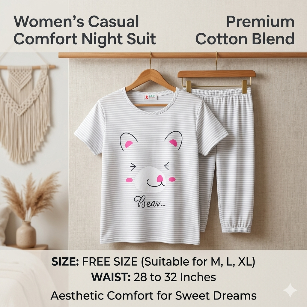 Women’s Cozy Bear Print Cotton-Blend Nightsuit | Soft Striped T-Shirt & Pyjama Lounge Set