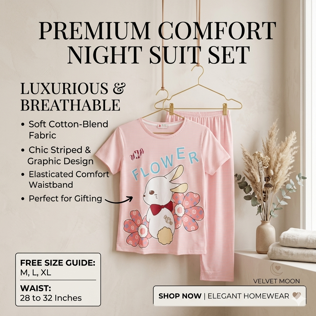 Women's Pink Striped Cotton Blend Nightsuit Set – Cute Bunny & Flower Print Top with Pyjamas