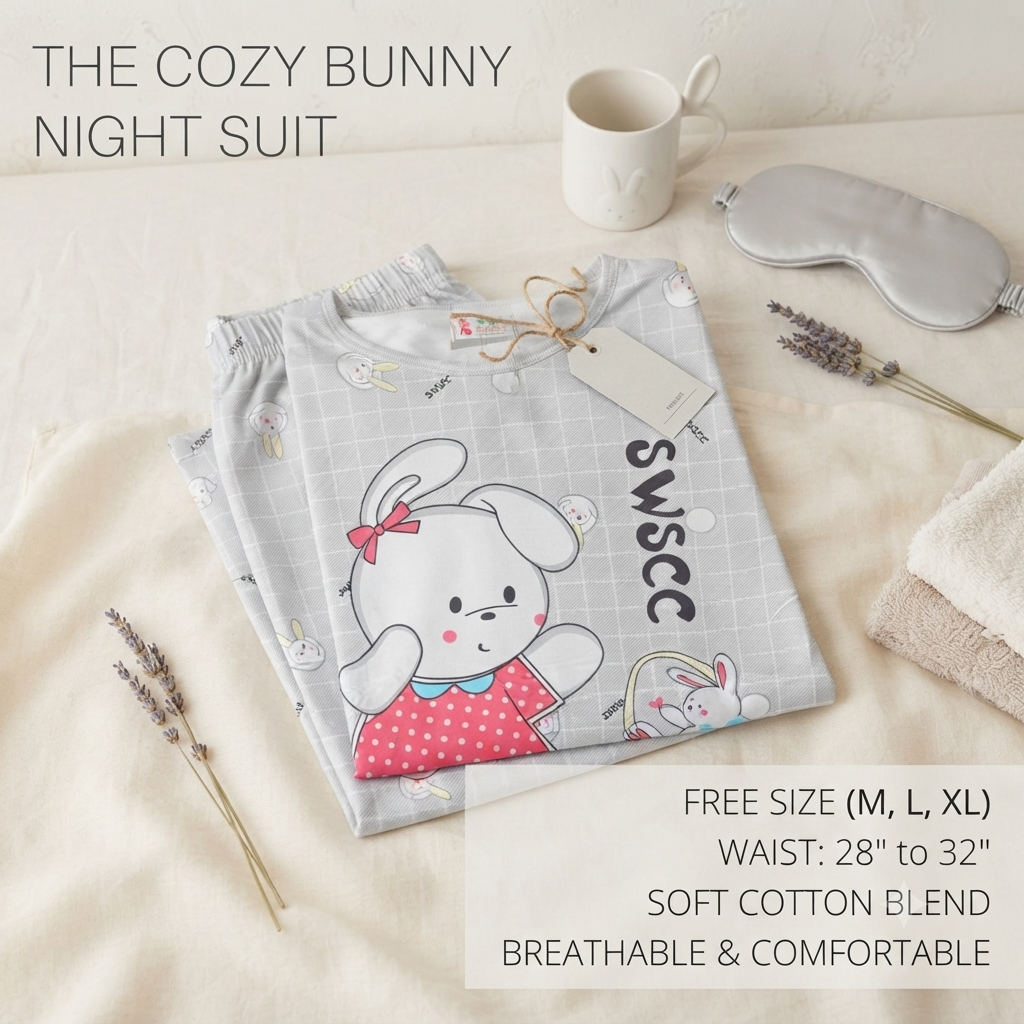 Ultra-Soft Cotton Blend Bunny Graphic Nightsuit for Women | Short Sleeve Top & Pajama Set
