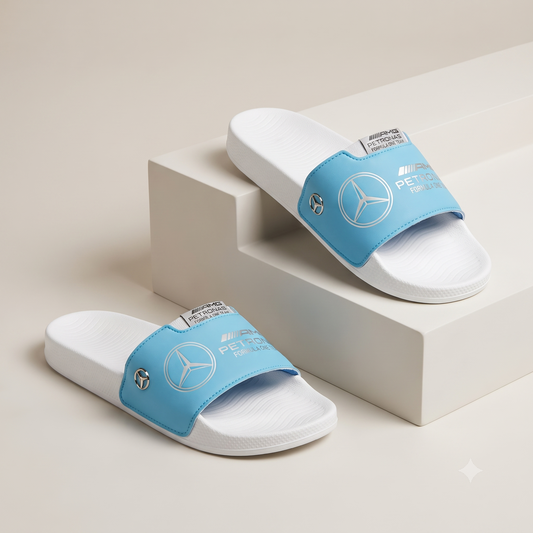 Premium F1 Motorsport Edition Comfort Sliders – White/Cyan