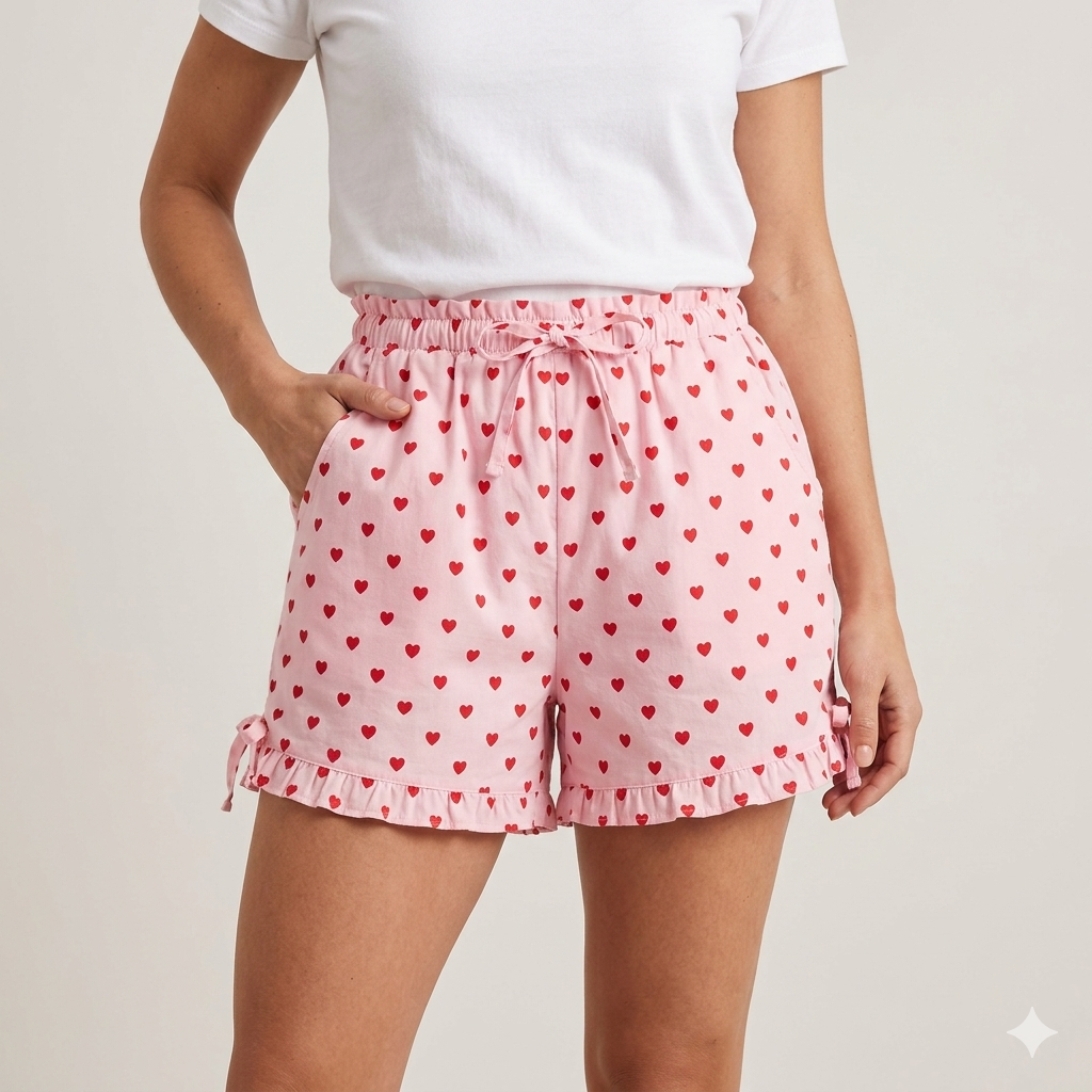 Blush Heart-Print Lounge Shorts with Side-Tie Detailing