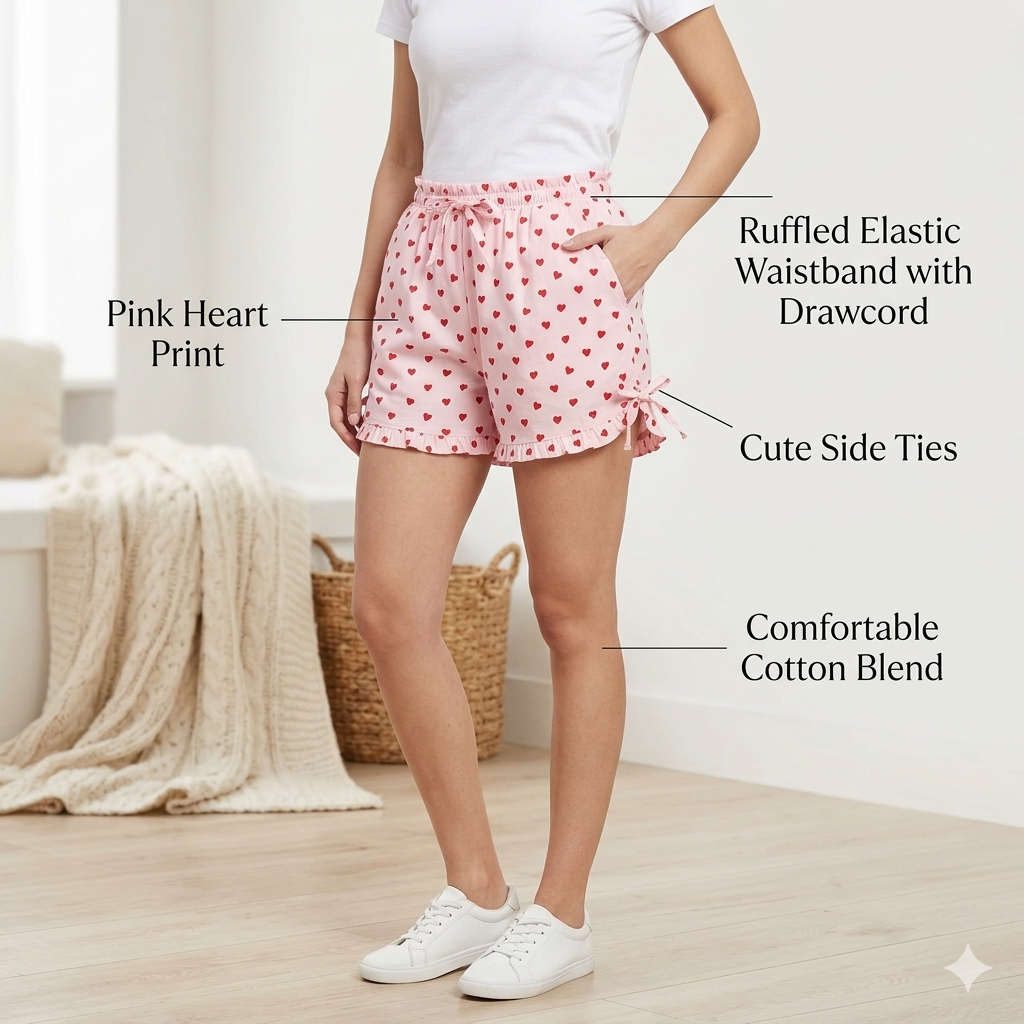 Blush Heart-Print Lounge Shorts with Side-Tie Detailing
