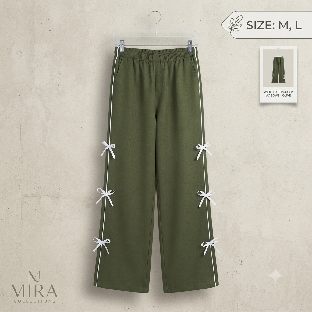 Women's Olive Green Wide-Leg Trousers with White Side Bow Accents